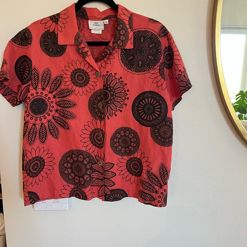 Hot Cotton Coral and Black Patterned Blouse